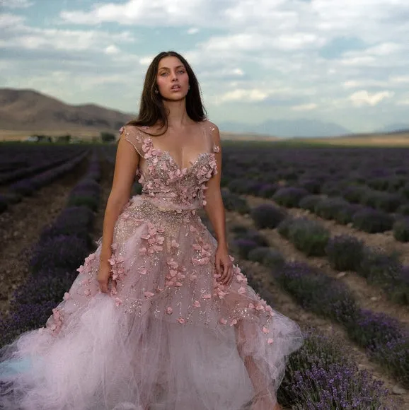 "VERITY" Blush & Gold 3D Floral Lace & Tulle Wedding Ballgown Set