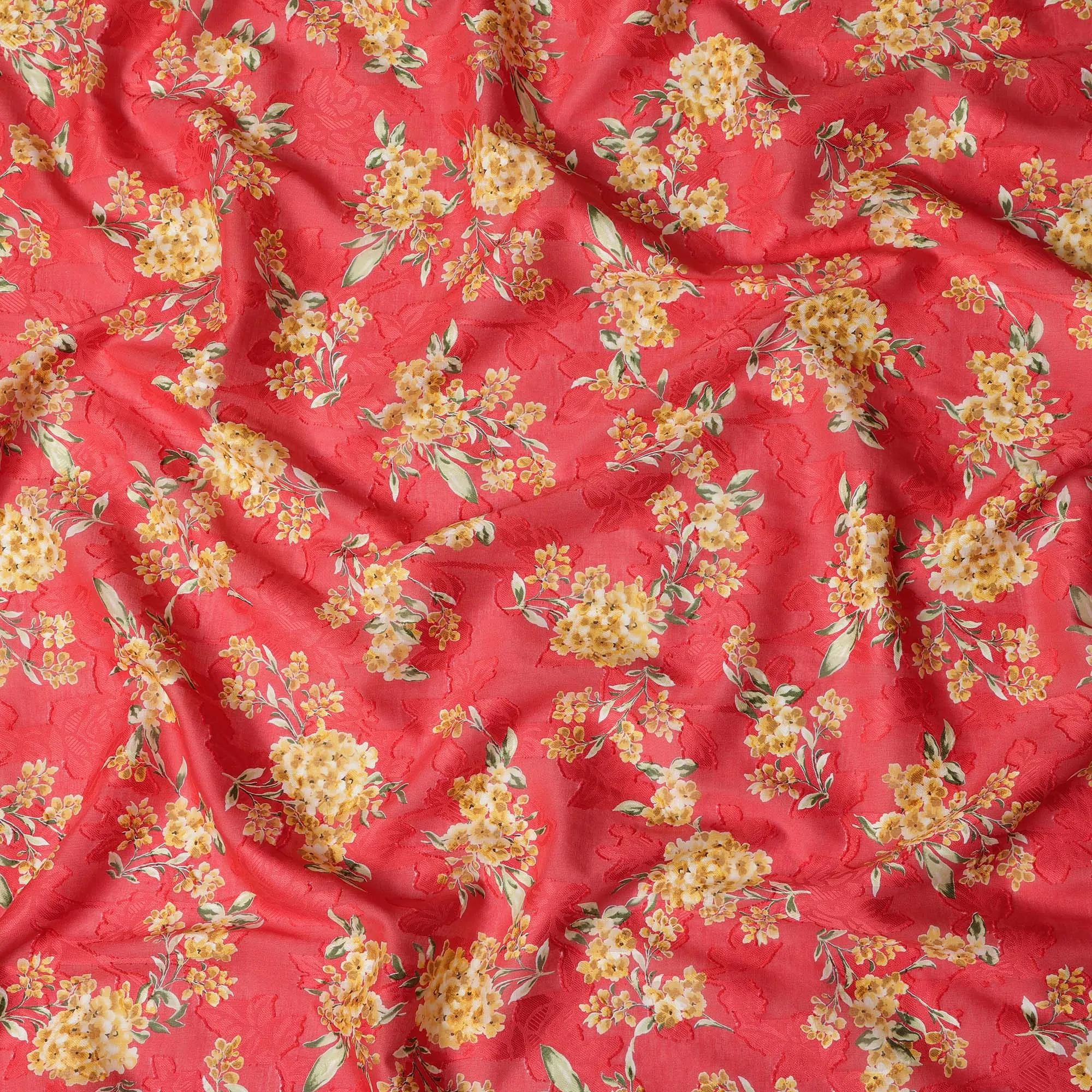 Red Japanese Cotton Voile Fabric, Yellow Floral Print, 110 cm Width-D20916