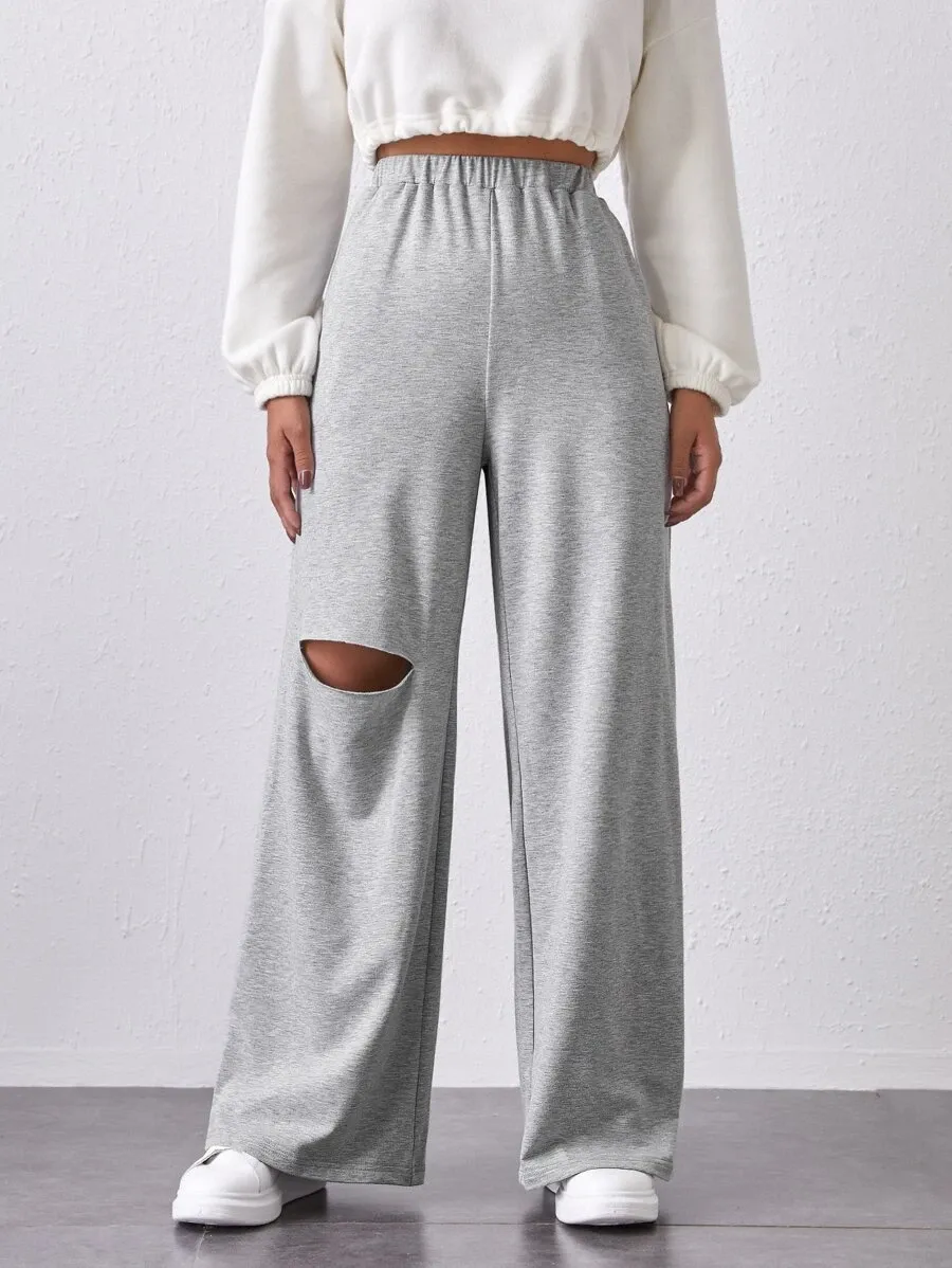 Ripped Front Wide Leg Pants