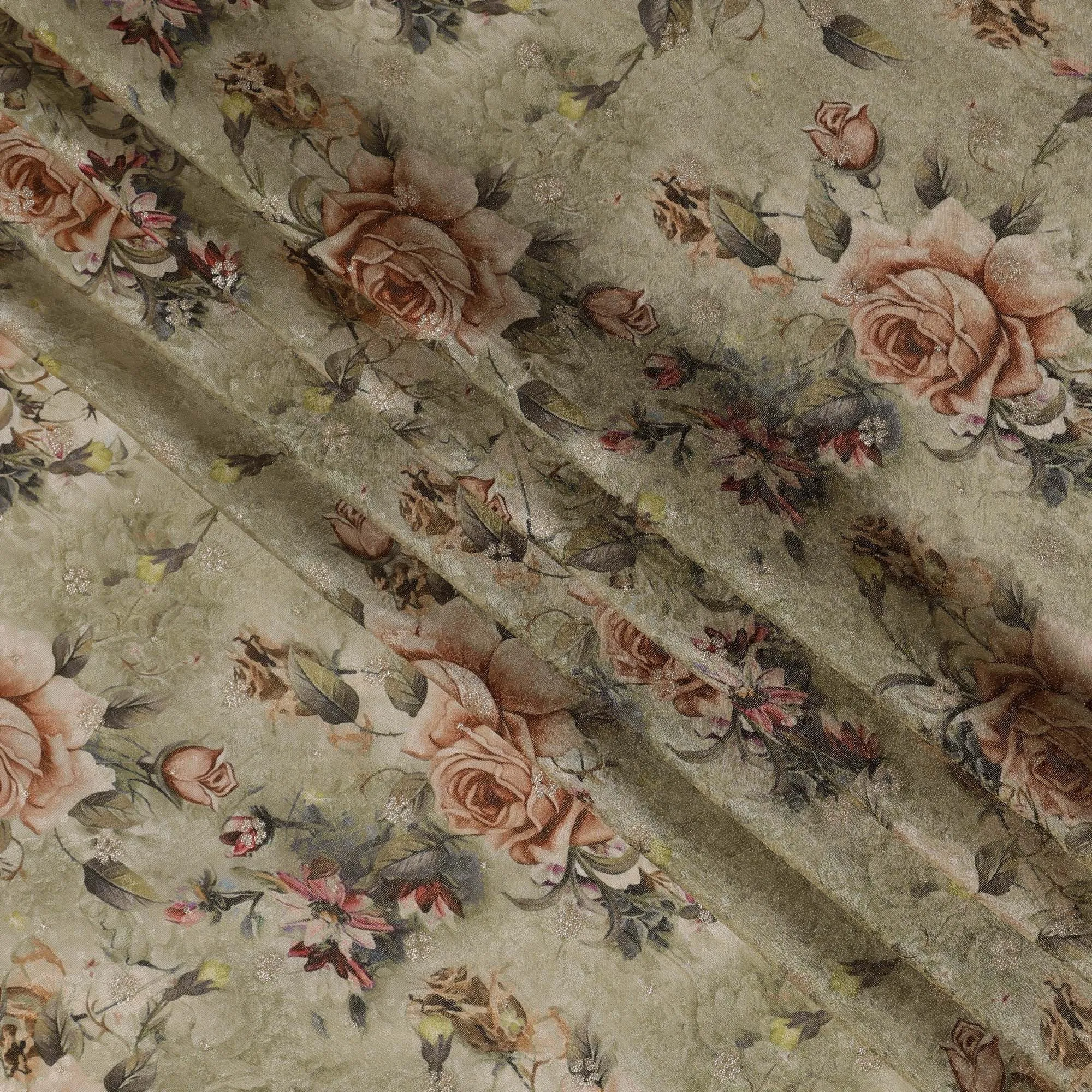 Sage Green Floral Viscose Crepe Digital Print Fabric, 110 cm Wide, Made in India-D20975