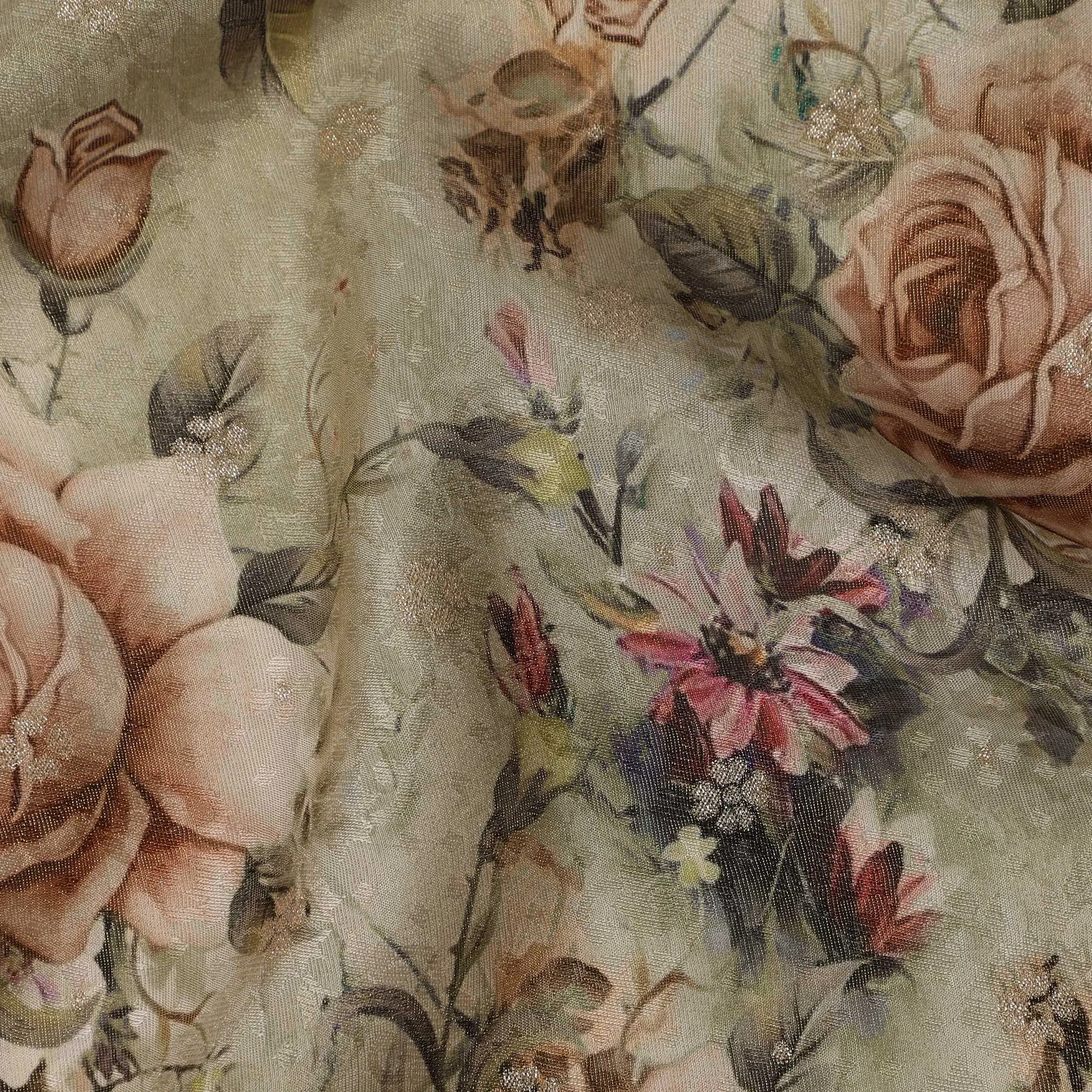 Sage Green Floral Viscose Crepe Digital Print Fabric, 110 cm Wide, Made in India-D20975