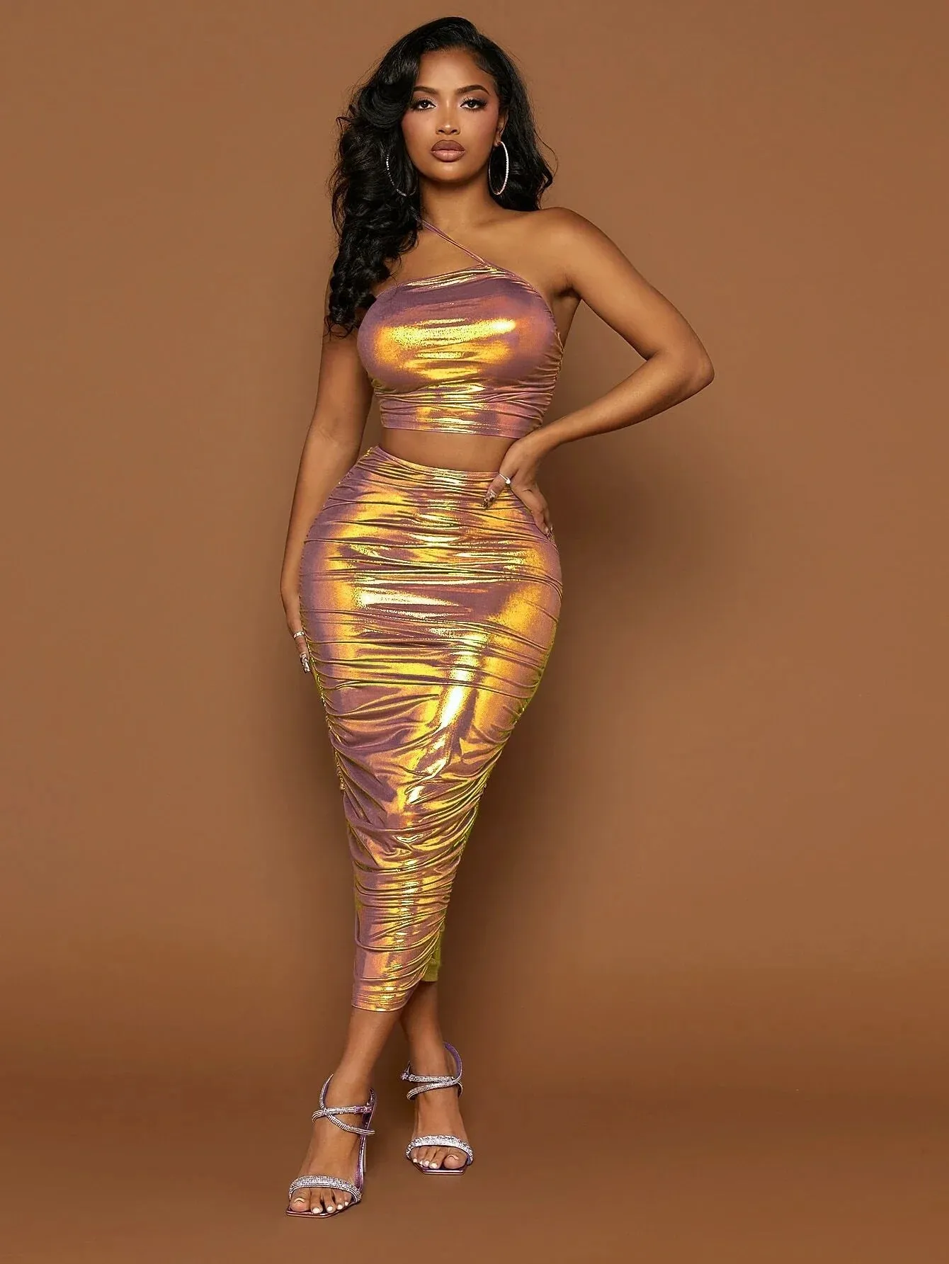 Sexy Iridescent Gold Top & Skirt Set