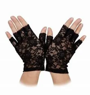 Short Black Fingerless Lace Gloves