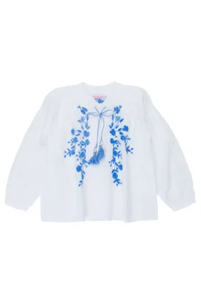 Sonnet Blouse eggshell with periwinkle hand stitch