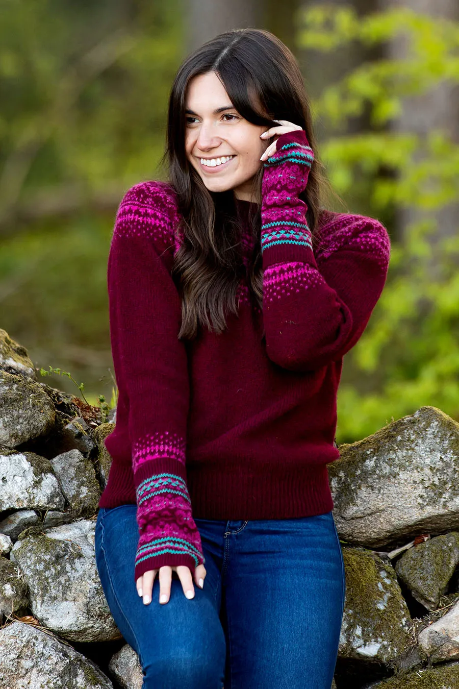 Stockbridge Fair isle Wrist Warmer Fingerless Gloves - Burgundy