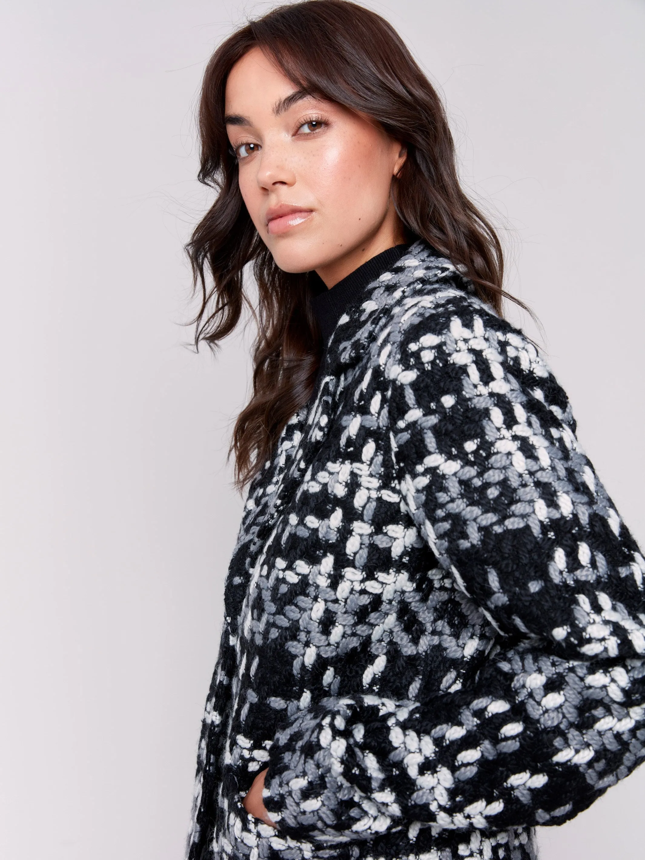 Straight Cut Bouclé Knit Coat - Black & White