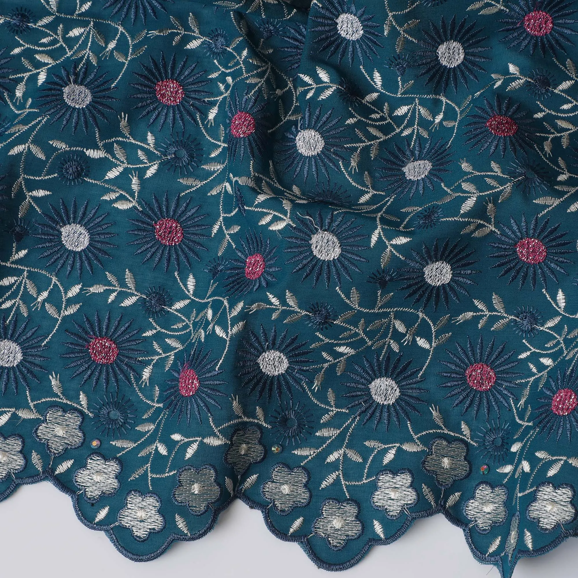 Teal Premium Swiss Cotton Voile Fabric with Silver and Pink Floral Embroidery - Traditional Thobe Material, 140 cm Wide-D20202