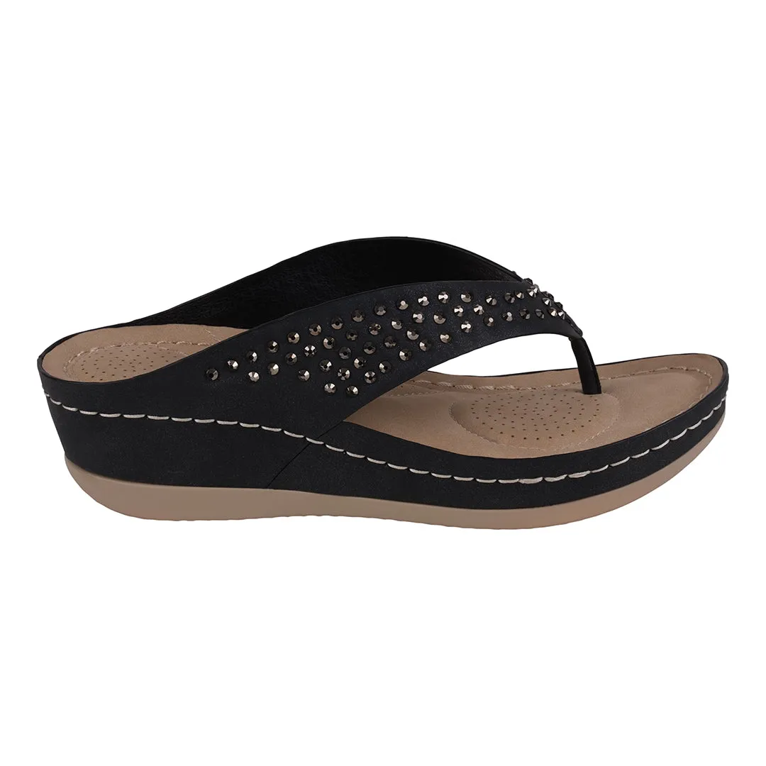 Tiana Black Embellished Comfort Wedge Sandals