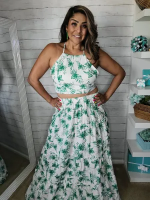 Tropical Leaf-Print Maxi Skirt & Crop Top Set