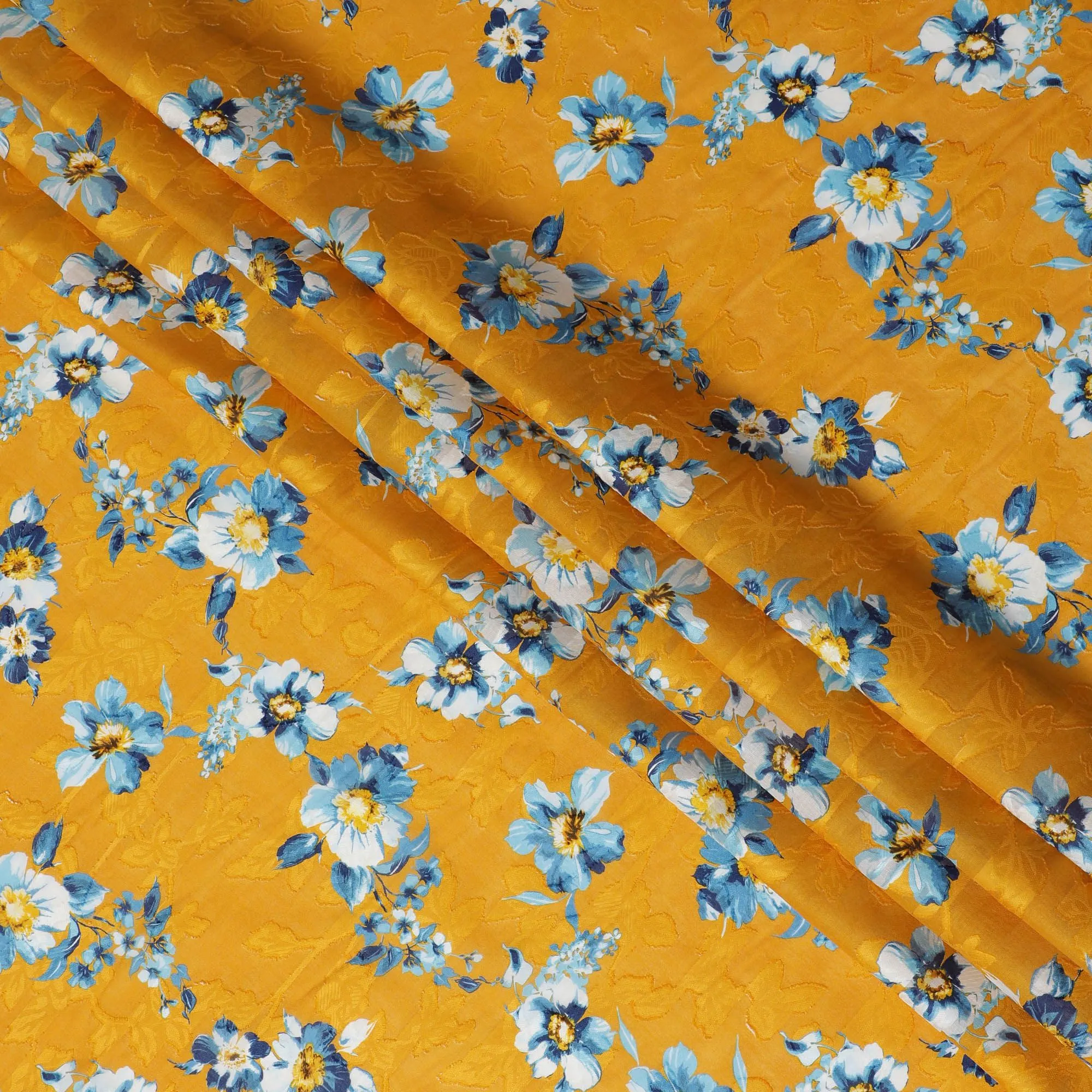 Uragiri Cotton Voile Fabric - Goldenrod with Blue Florals, 110 cm Width, Japanese Craftsmanship-D17730