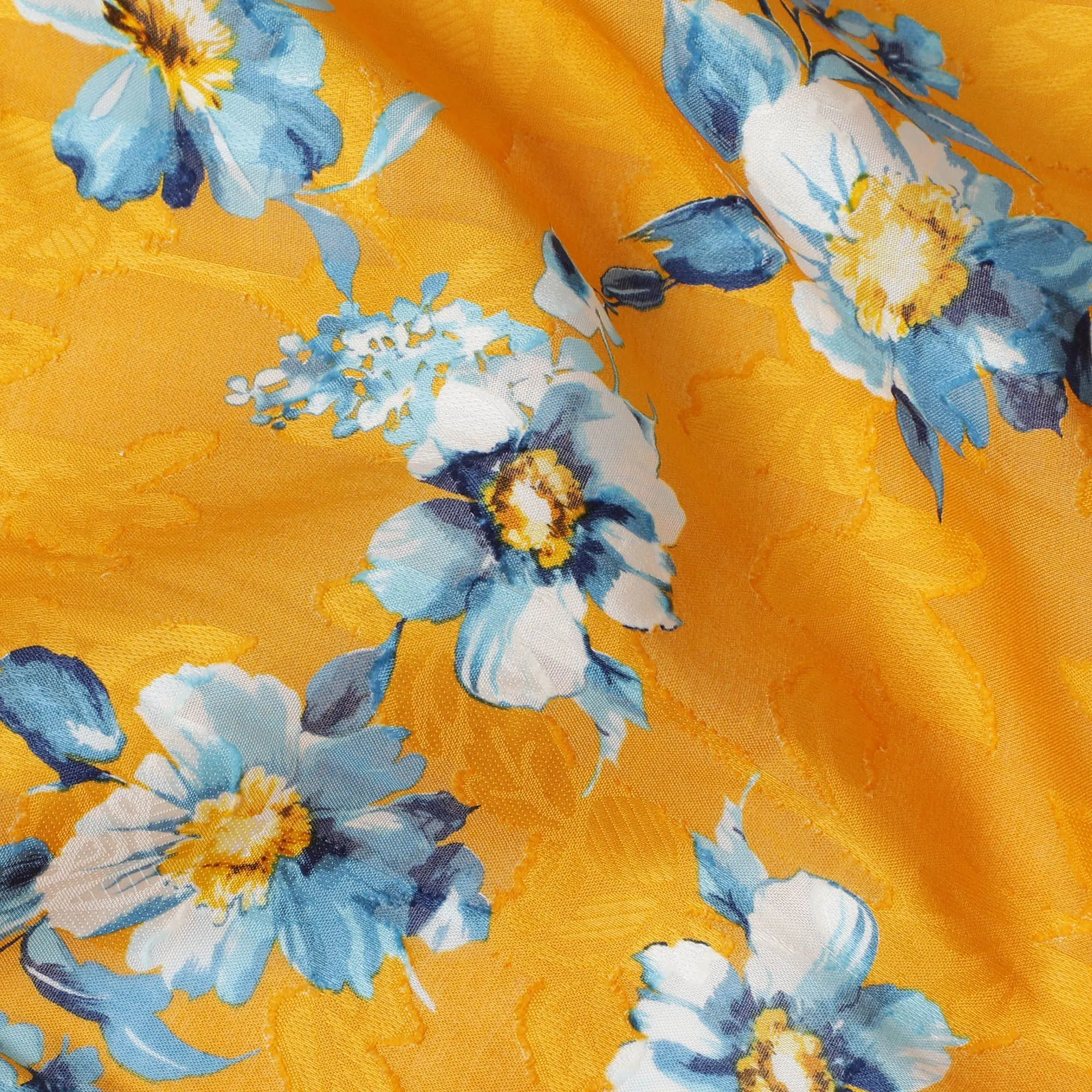 Uragiri Cotton Voile Fabric - Goldenrod with Blue Florals, 110 cm Width, Japanese Craftsmanship-D17730