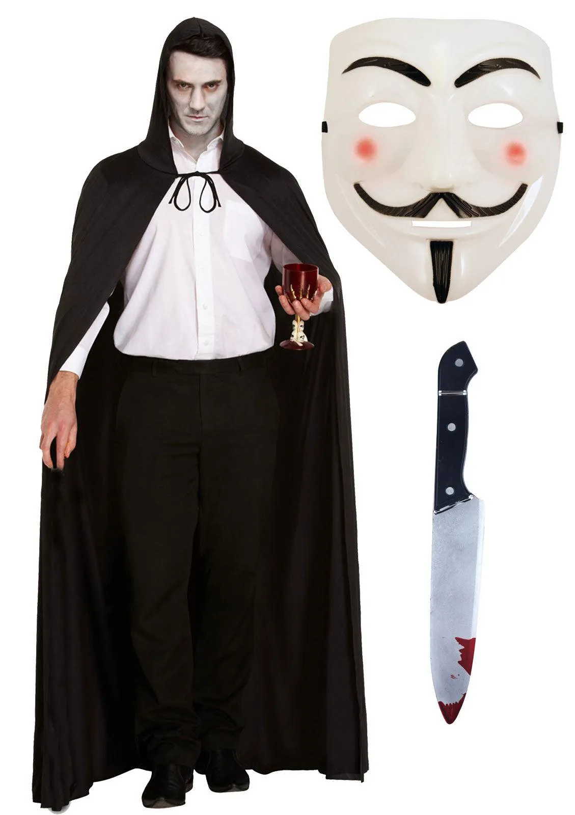 V for Vendetta Mask Long Black Hooded Cape Blooded Fake Knife Weapon 31 Cm Halloween Scary vendetta Costume Set