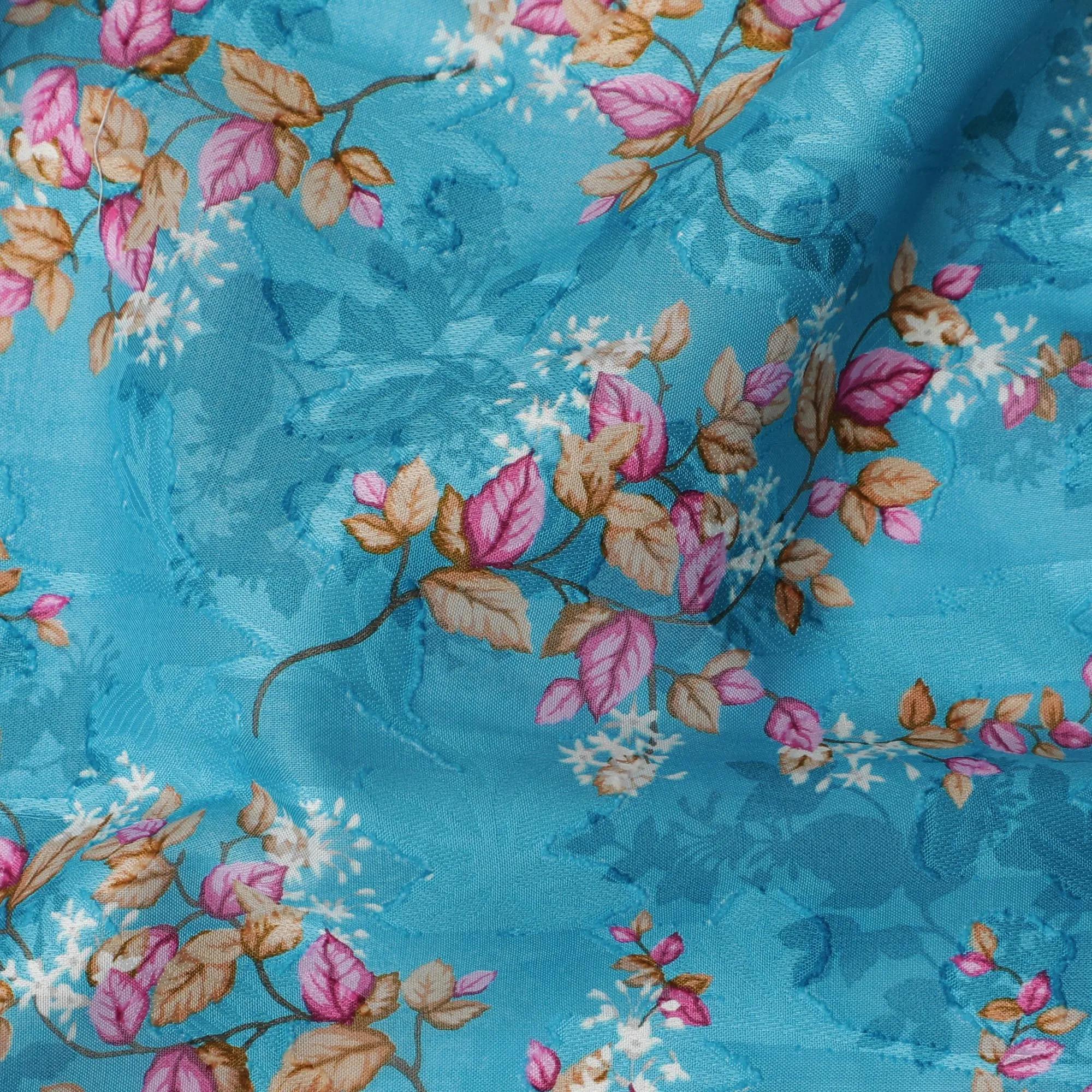 Vibrant Cerulean Uragiri Cotton Voile Fabric with Vivid Pink Floral Print, 110 cm Wide - Breathable Indian Craftsmanship-D18981