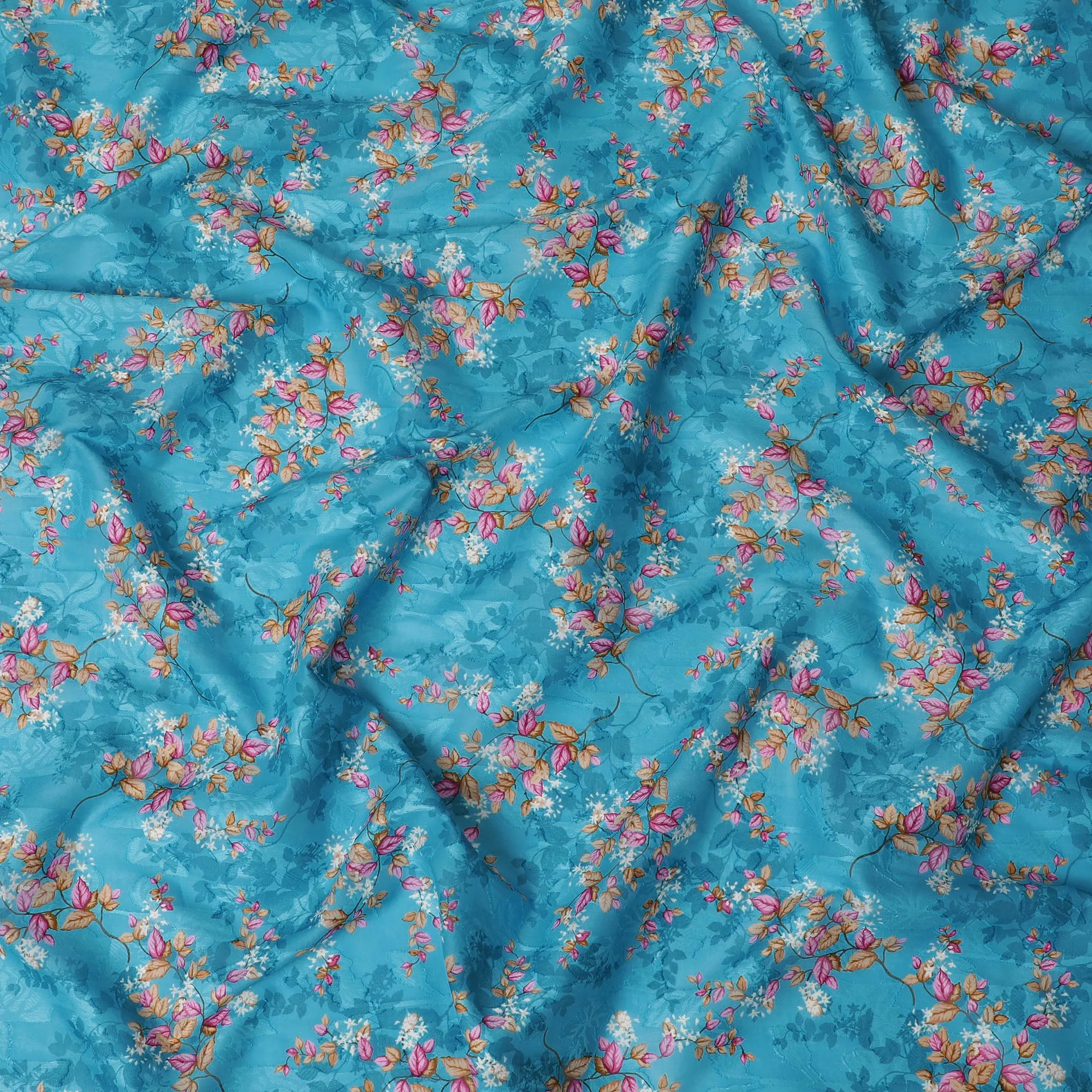 Vibrant Cerulean Uragiri Cotton Voile Fabric with Vivid Pink Floral Print, 110 cm Wide - Breathable Indian Craftsmanship-D18981