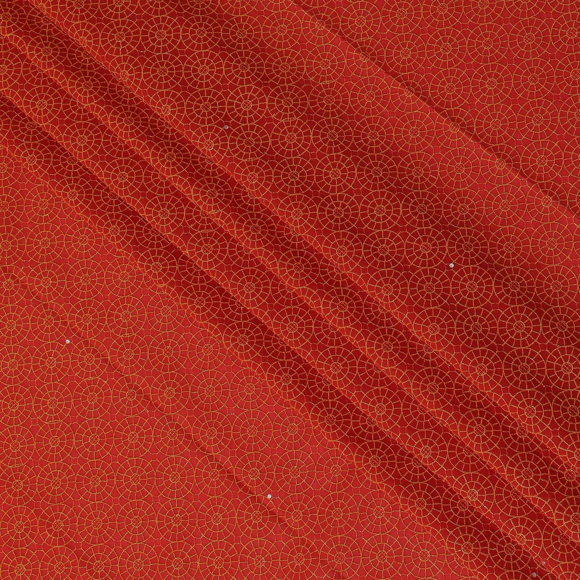 Vibrant Red Premium Swiss Cotton Voile Fabric with Golden Embroidery - Traditional Thobe Material, 140 cm Wide-D20204