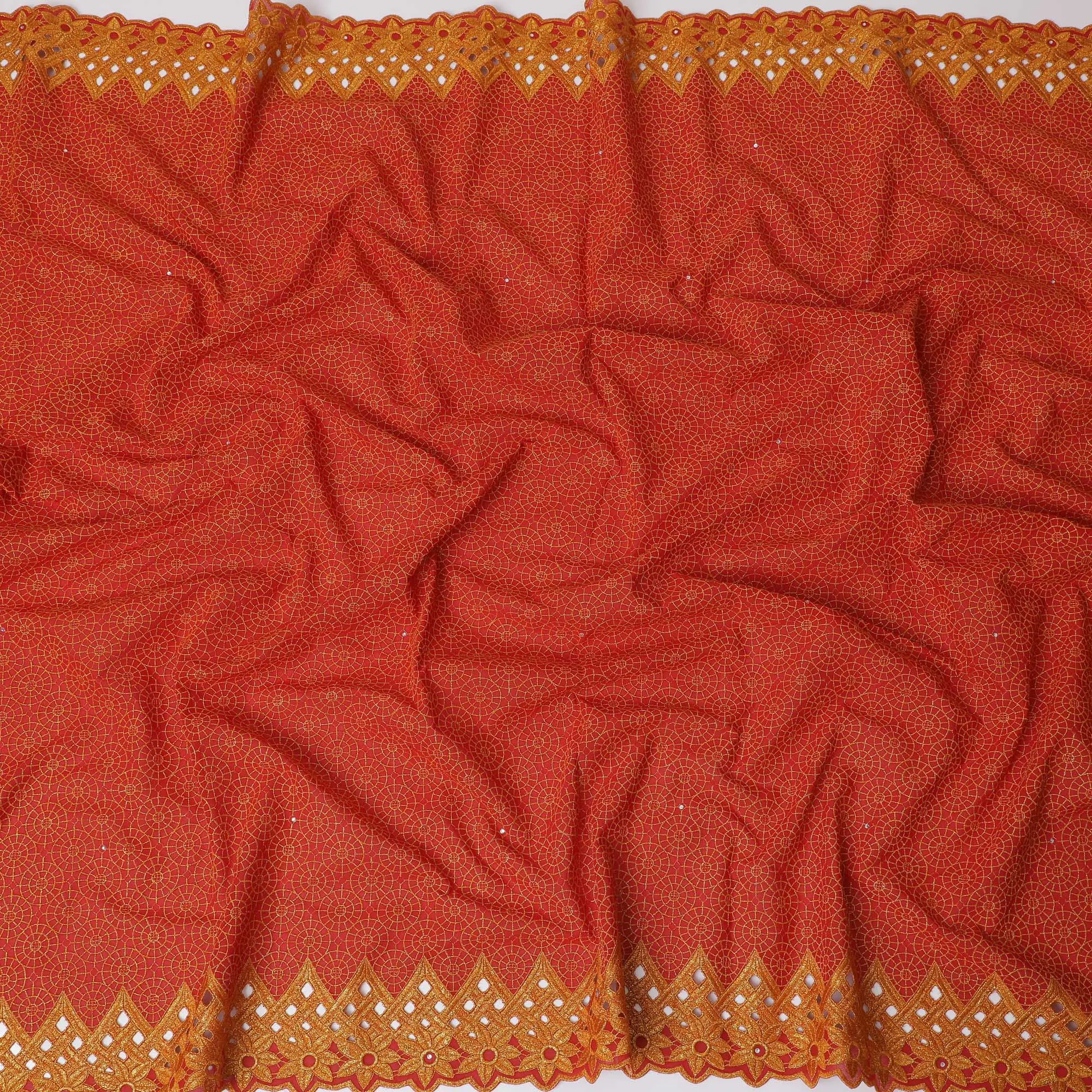 Vibrant Red Premium Swiss Cotton Voile Fabric with Golden Embroidery - Traditional Thobe Material, 140 cm Wide-D20204