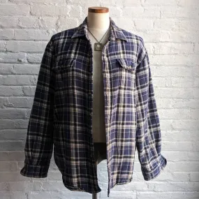 Vintage Wrangler Plaid Flannel Barn Coat Blue Oversize Blanket Chore Shacket