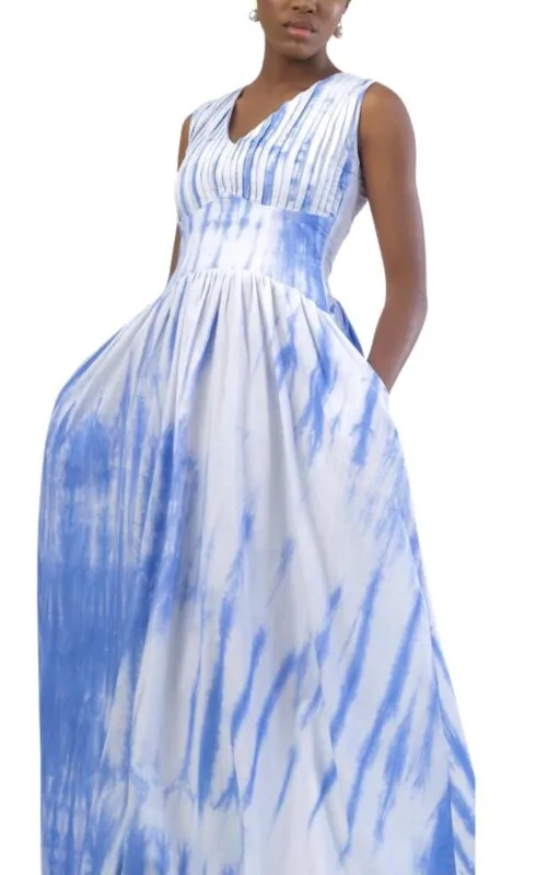 Waterfall Sleeveless Dress - White/Blue