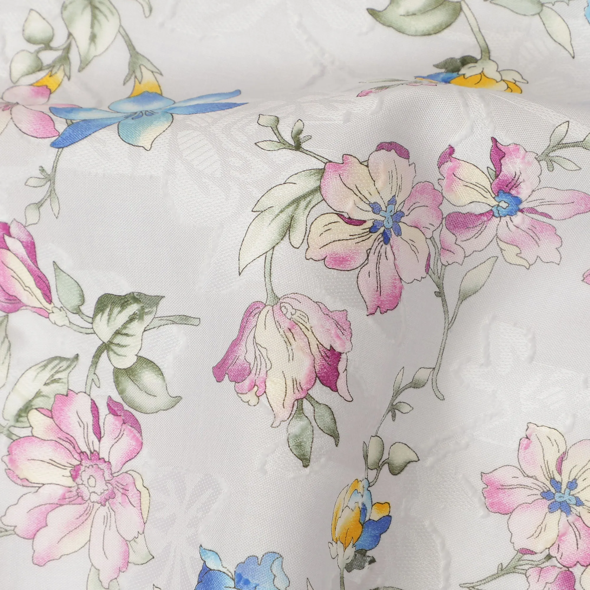 White Floral Cotton Uragiri Voile Fabric having Jacquard, 110 cm Width-D20568