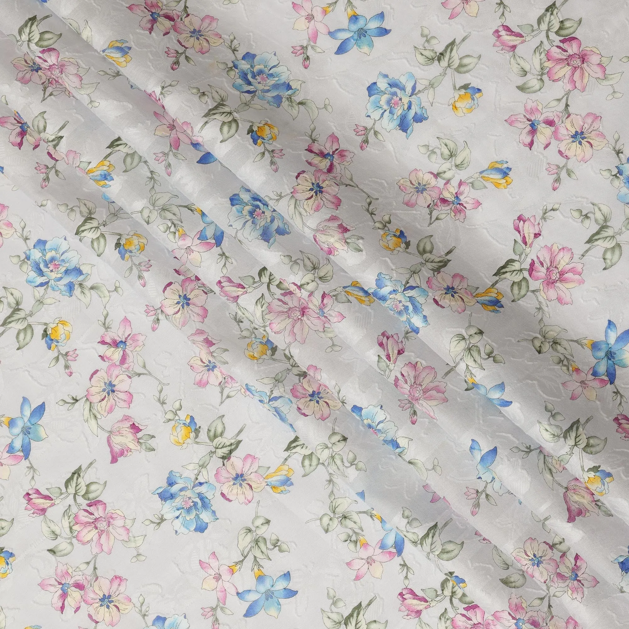 White Floral Cotton Uragiri Voile Fabric having Jacquard, 110 cm Width-D20568