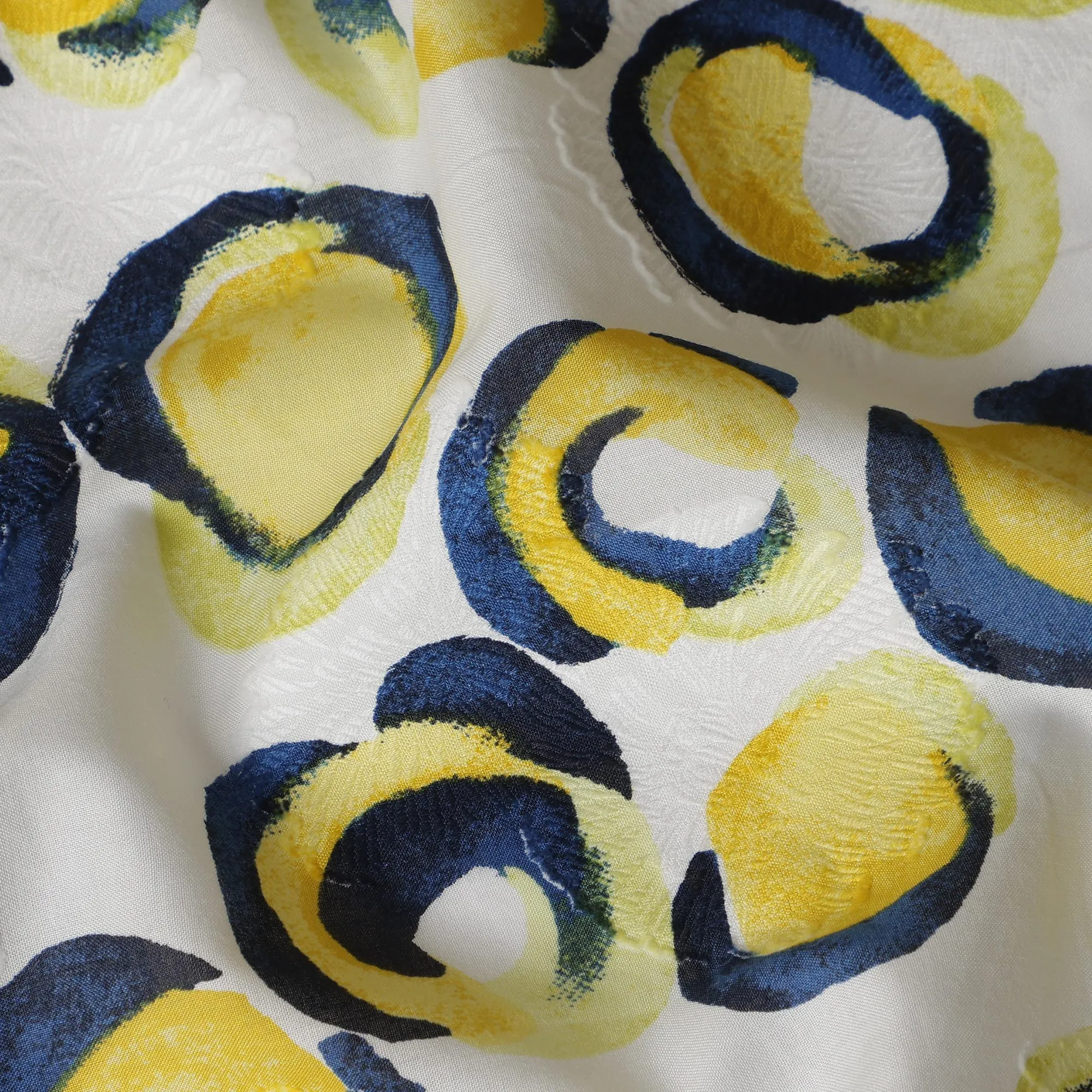 White Japanese Cotton Voile Fabric, Yellow & Blue Abstract Circle Print, 110 cm Width-D20919