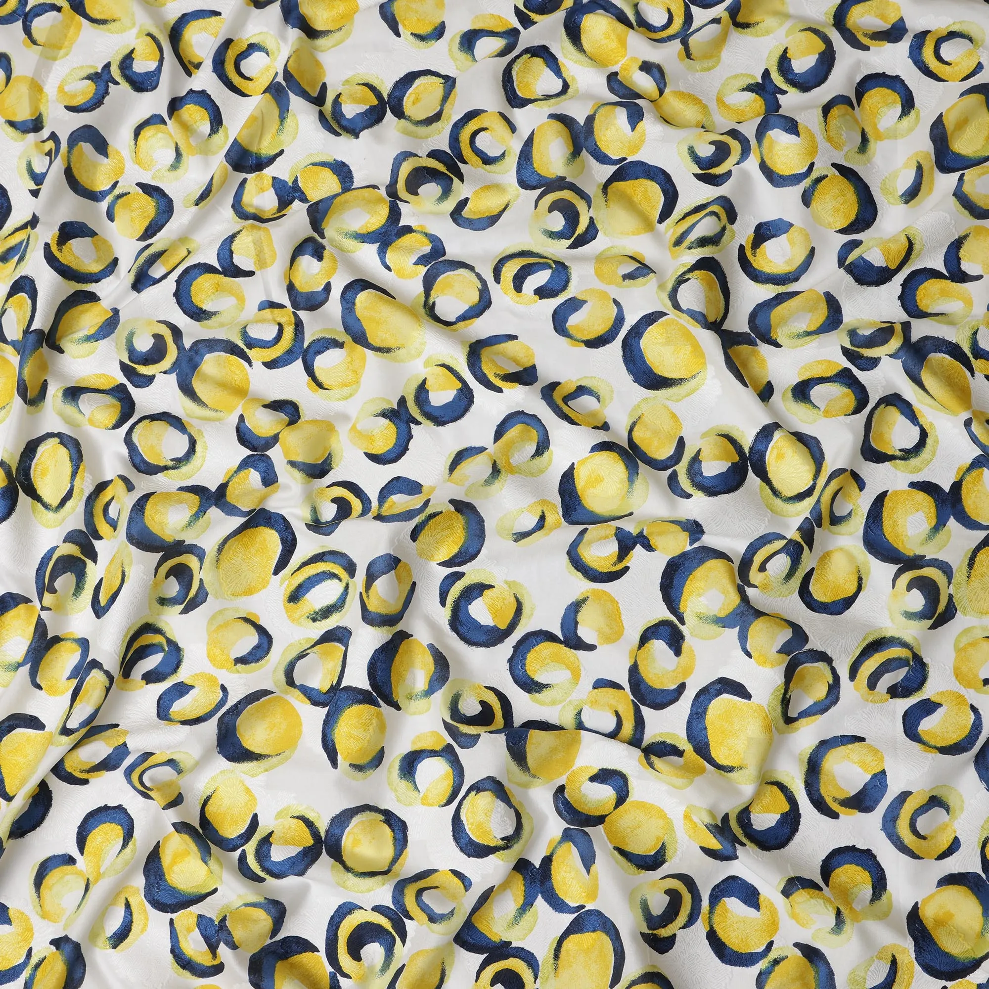 White Japanese Cotton Voile Fabric, Yellow & Blue Abstract Circle Print, 110 cm Width-D20919