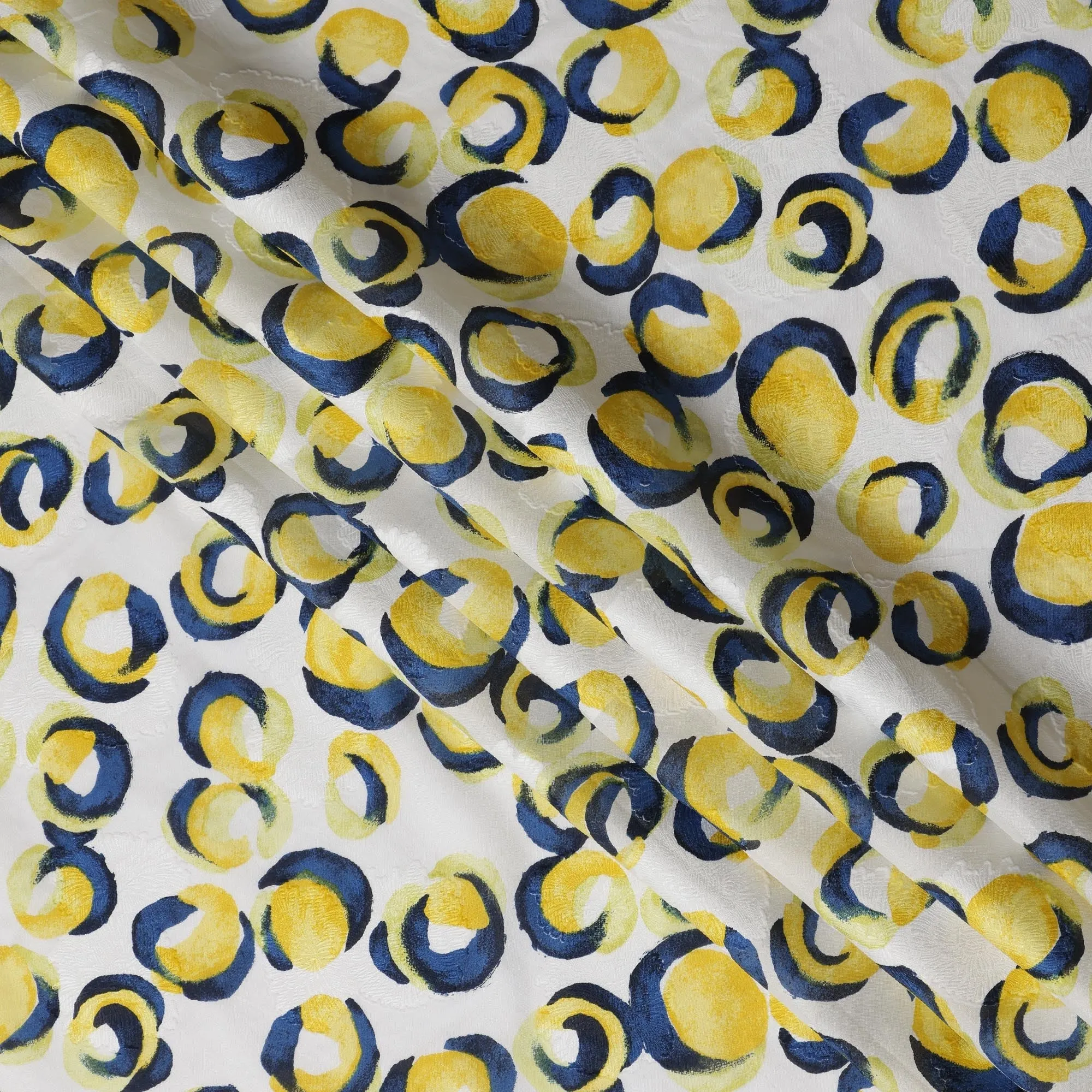 White Japanese Cotton Voile Fabric, Yellow & Blue Abstract Circle Print, 110 cm Width-D20919