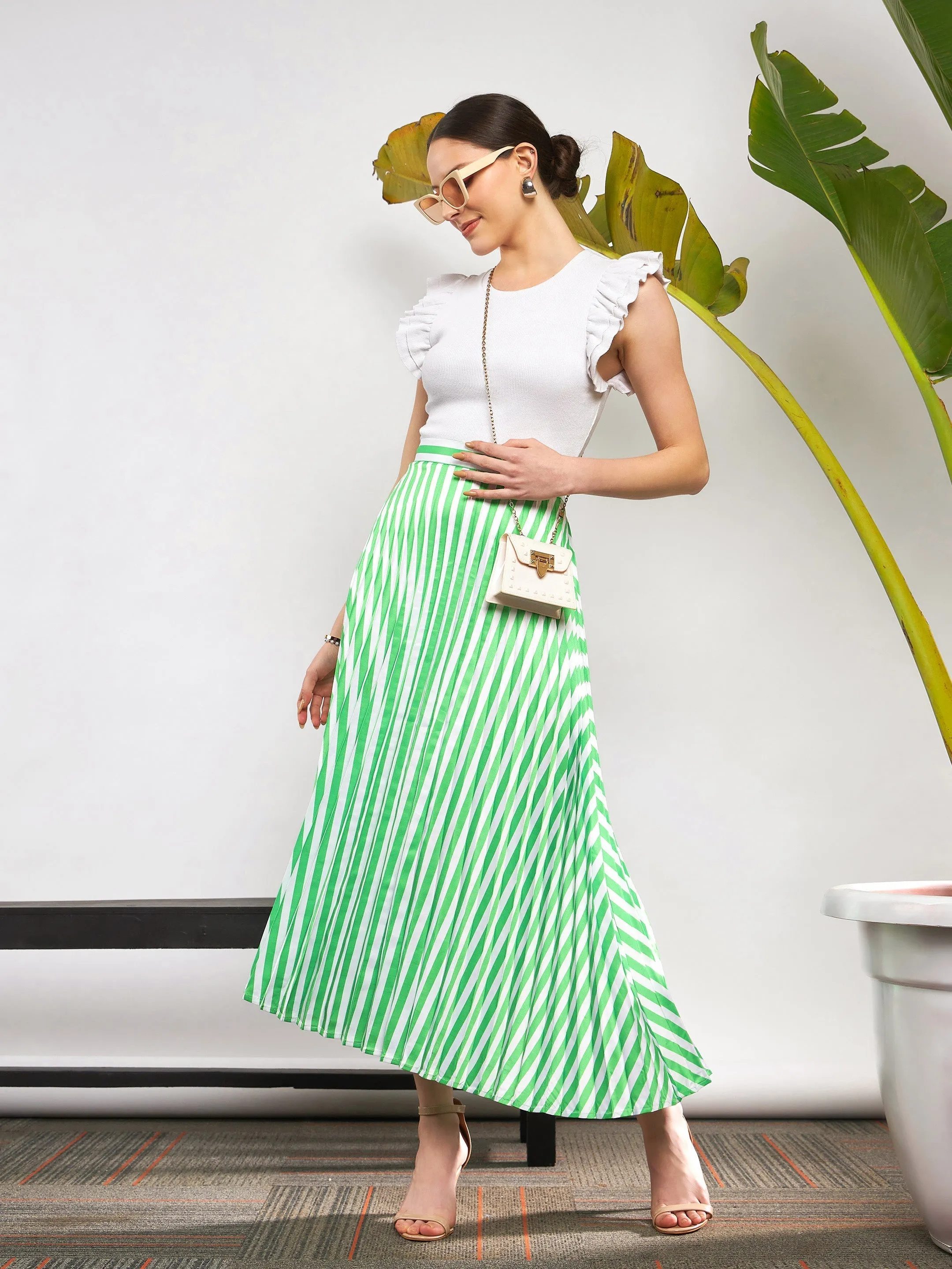 Women Green & White Satin Striped Accordion Pleated Maxi Skirt