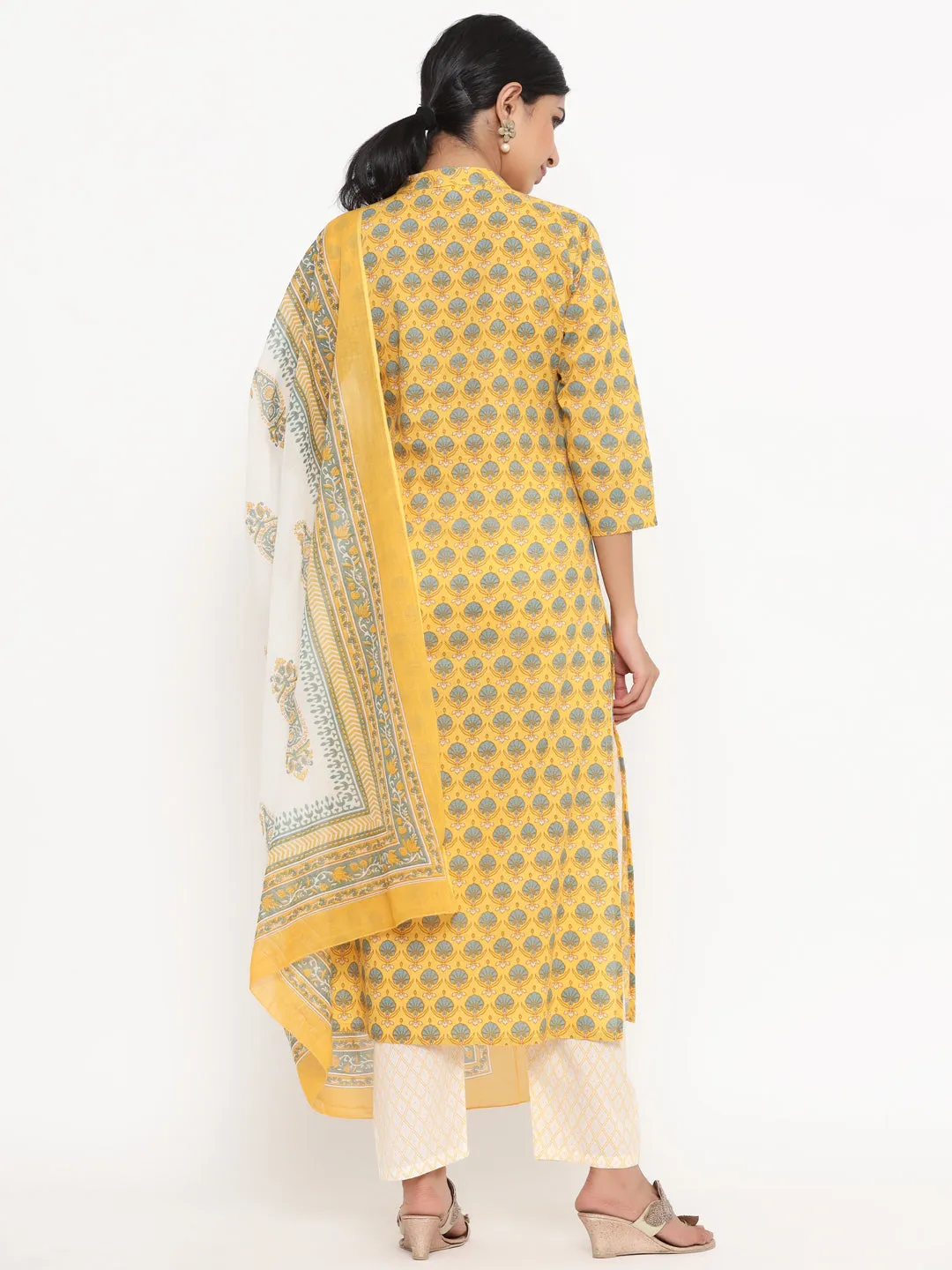 Women Lemon Yellow And White Printed Cotton Kurta With Trouser & Dupatta