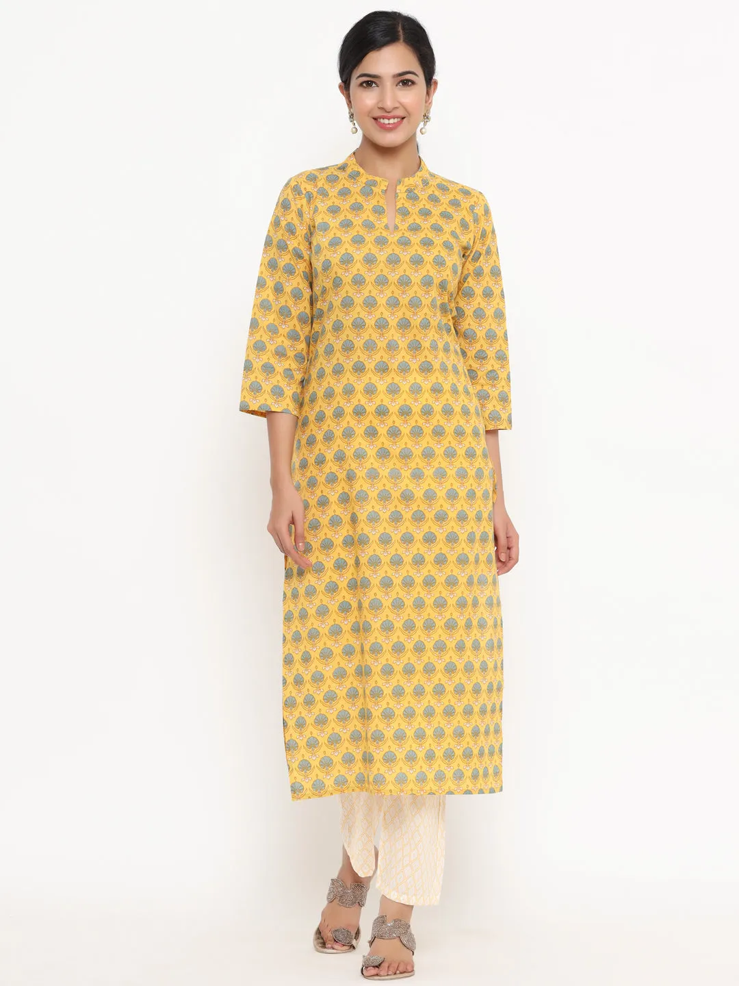 Women Lemon Yellow And White Printed Cotton Kurta With Trouser & Dupatta