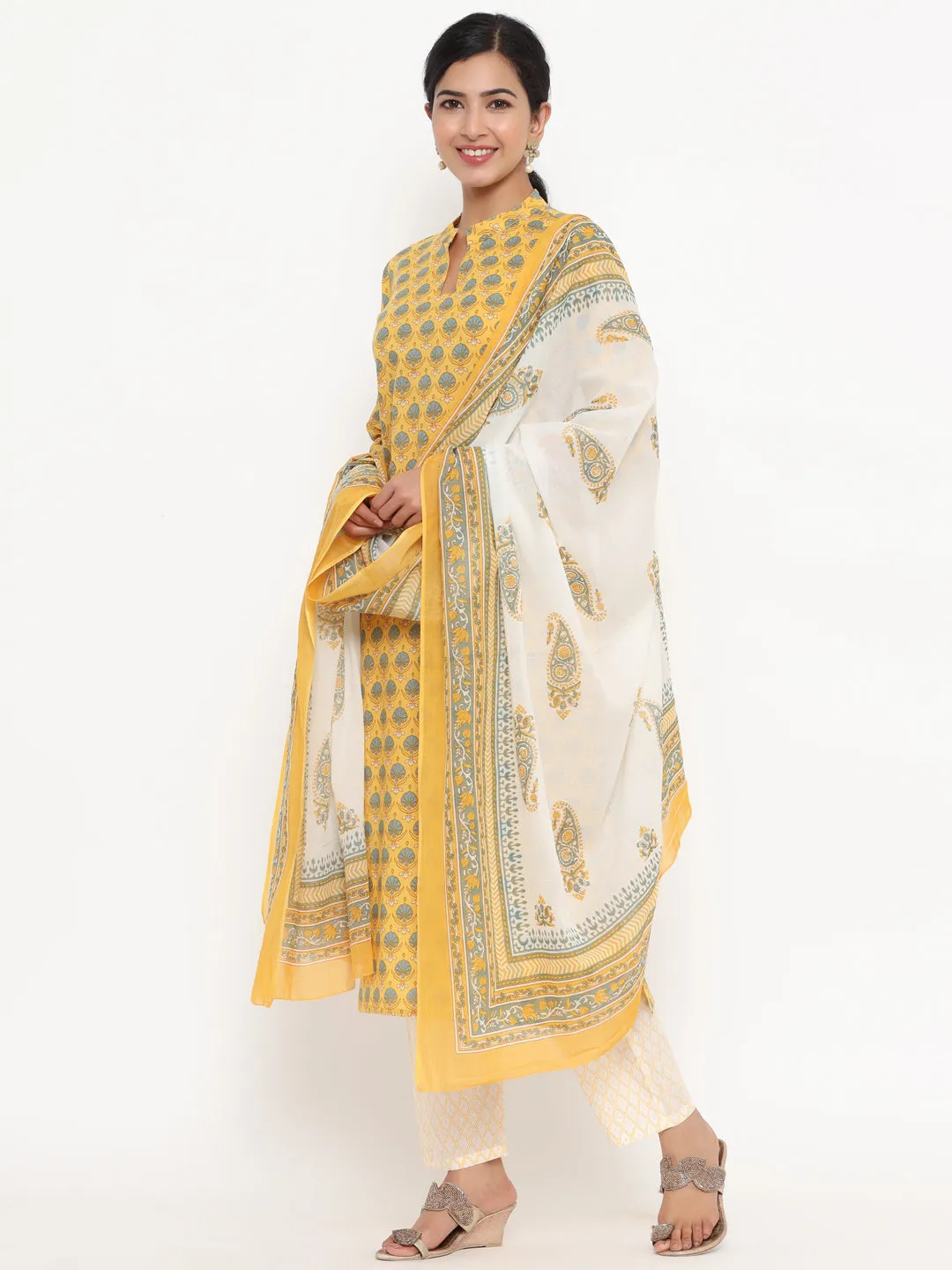 Women Lemon Yellow And White Printed Cotton Kurta With Trouser & Dupatta