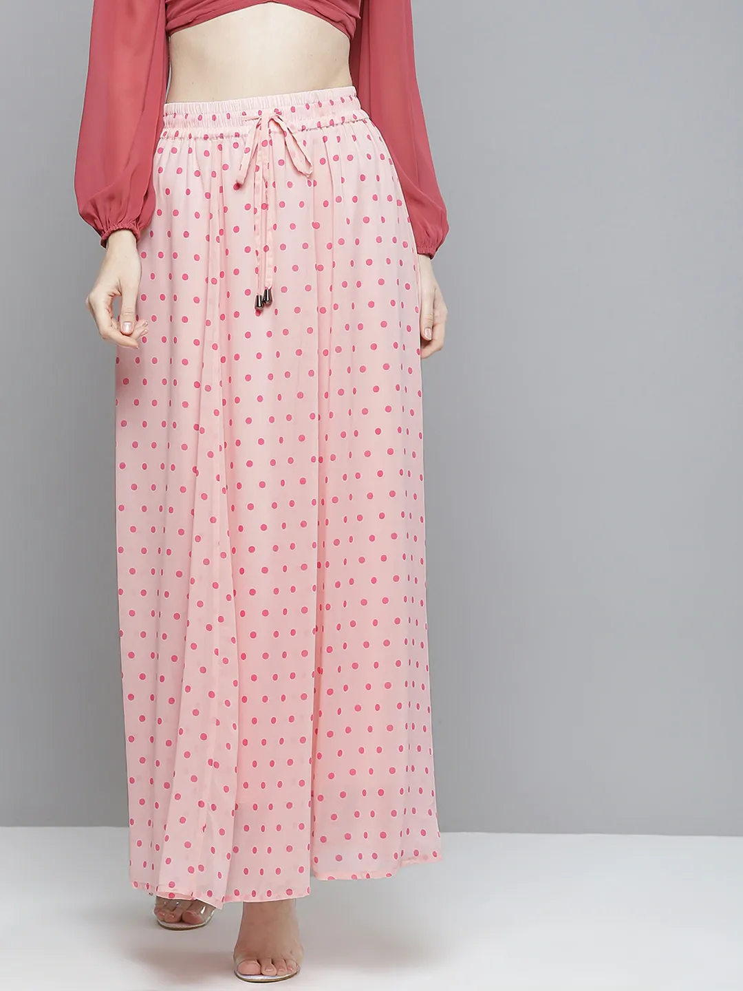 Women Pink With Fuchsia Polka Dot Maxi Skirt