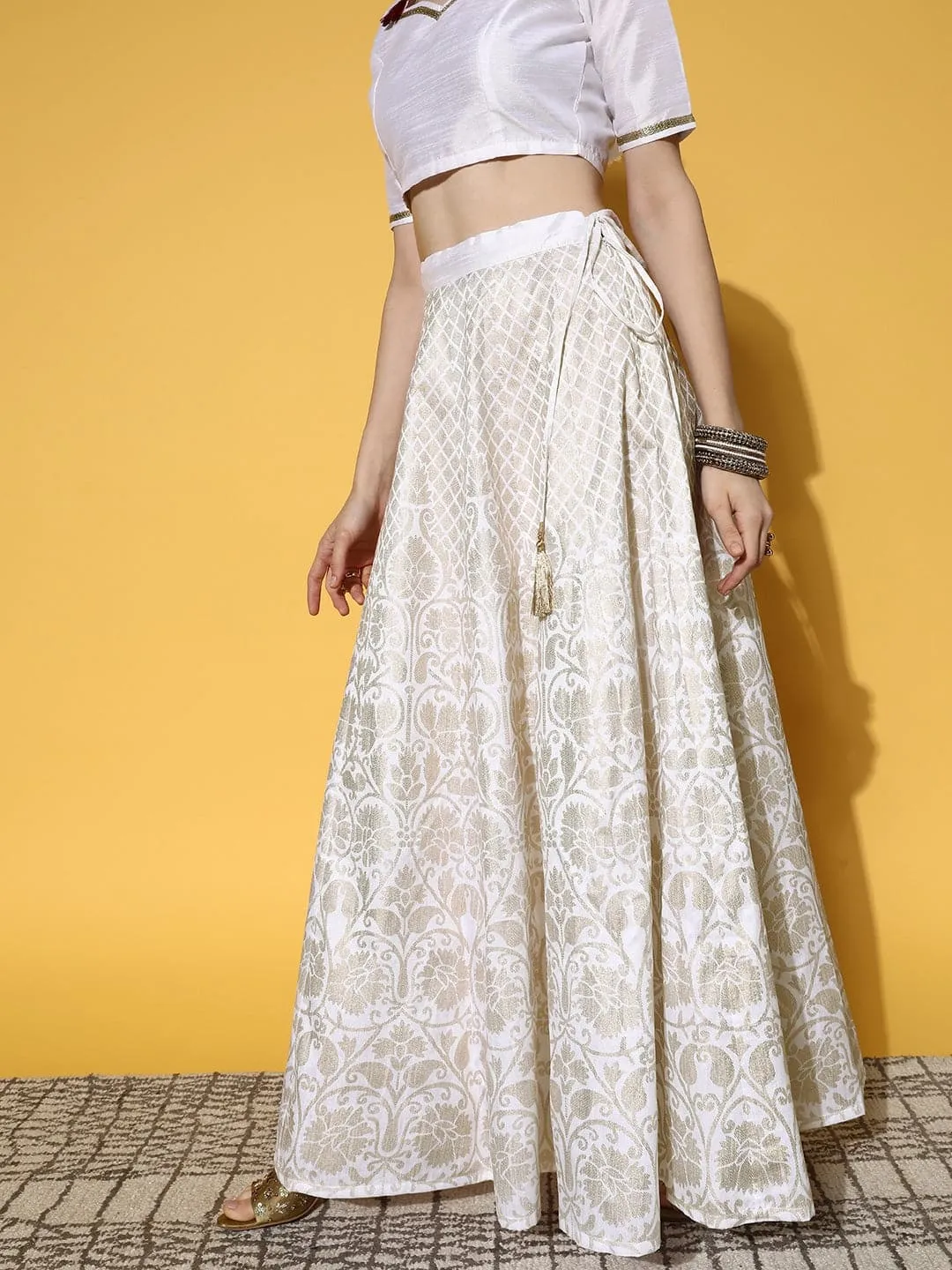 Women White Foil Print Anarkali Skirt