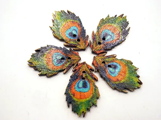 Wooden Buttons Set of 5: Printed Wooden Peacock Buttons ~ Large Flat Peacock Wooden Buttons 1 3/8" Long 7/8" Wide